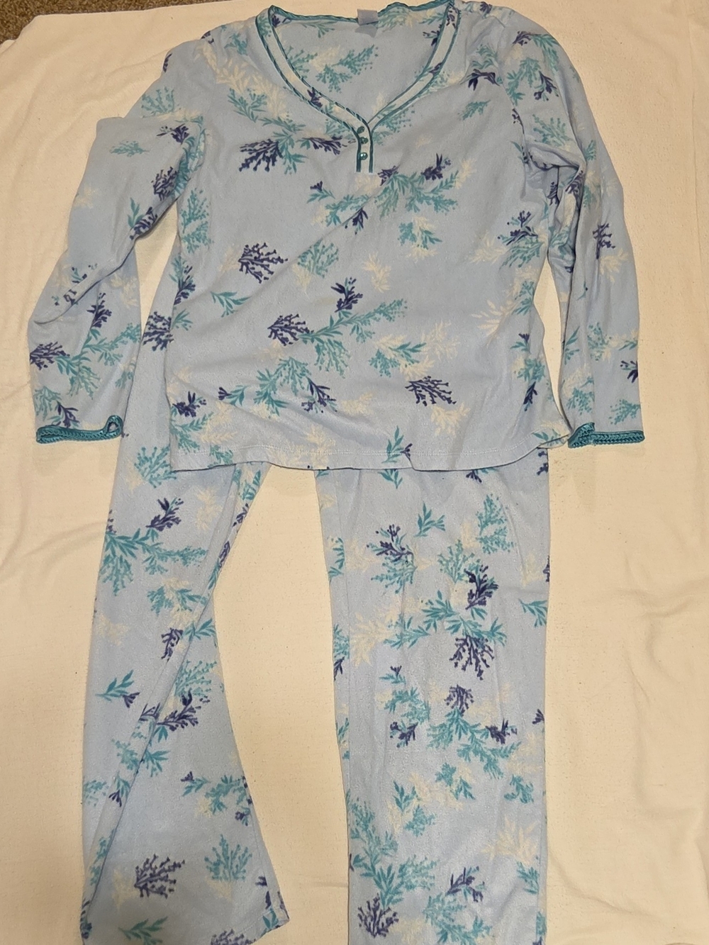 Adonna 2pc Fleece Floral Pajama Set M Blue Green Button Long Sleeve Elastic